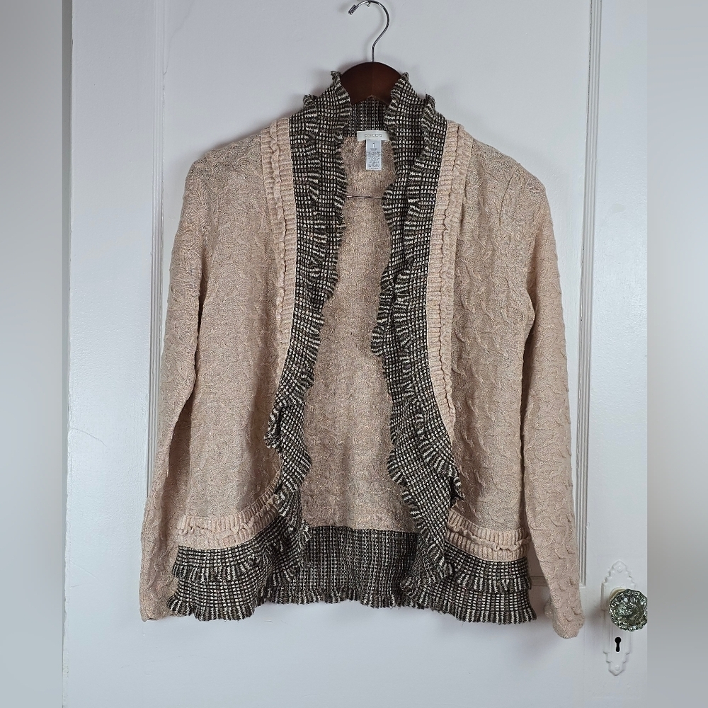 Chico's Ruffled Wool Blend Cottagecore Grannycore Open Cardigan Medium